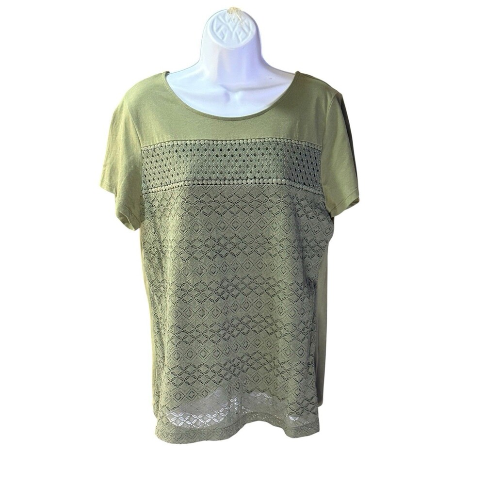Croft & Barrow L Olive Green Lace Eyelet Short Sleeve Top Blouse